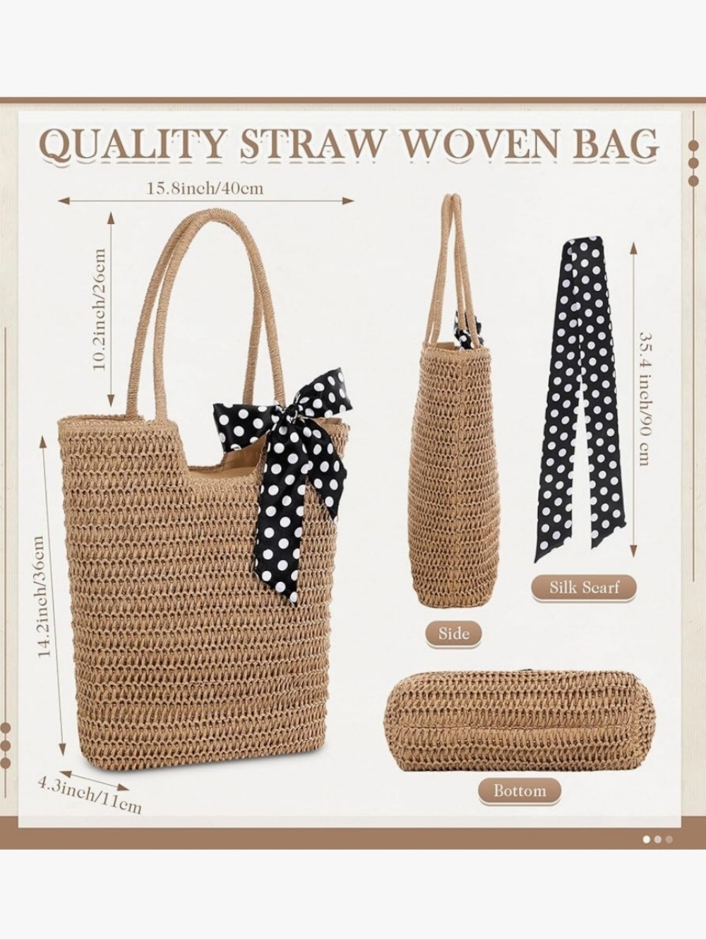 Woven Straw Tote Bag with Polka Dot Scarf - Natural - Picture 3 of 6